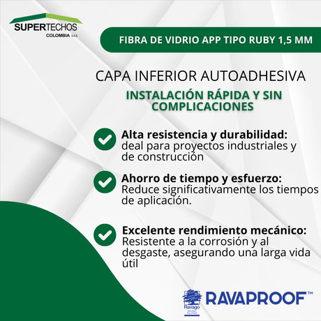Manto asfaltico Fibra de Vidrio APP tipo Ruby 1,5 mm RAVAGO