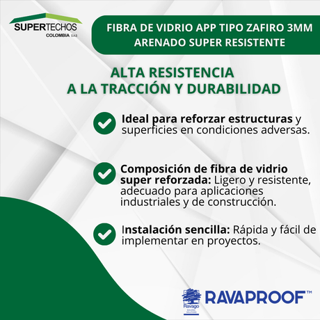 Manto asfaltico Fibra de vidrio APP tipo Zafiro arenado super resistente RAVAGO