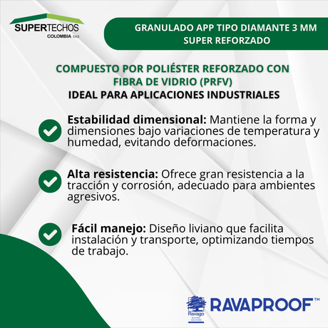 Manto asfaltico Granulado APP tipo Ruby 3 mm Super Reforzado RAVAGO