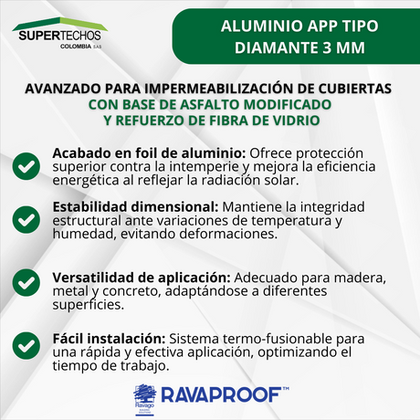 Manto asfaltico Aluminio APP tipo Diamante 3 mm RAVAGO