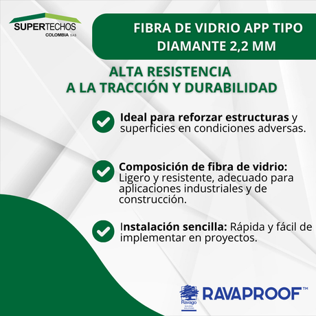 Manto asfaltico Fibra de vidrio APP  tipo Diamante 2,2 mm RAVAGO