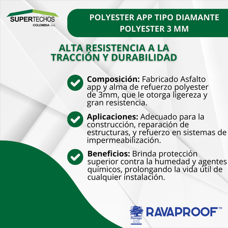 Manto asfaltico Polyester APP tipo Diamante Polyester 3 mm RAVAGO